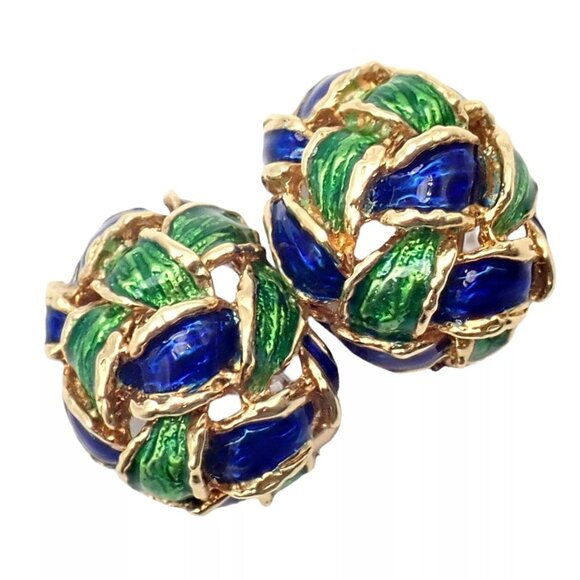 Vintage Tiffany & Co Green Blue Enamel 18k Yellow Gold Basket Weave Earrings - Picture 1 of 12